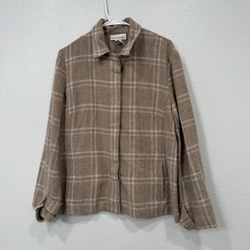 Evan-Picone Mens Tan Plaid Wool Blend Hidden Button Jacket Size 14